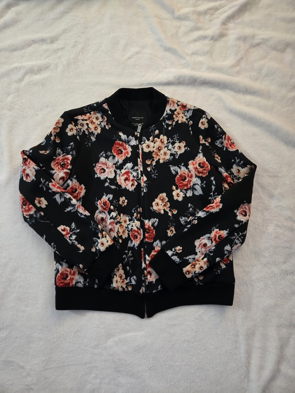 Zara Black Floral Bomber Jacket with Red & Cream Roses